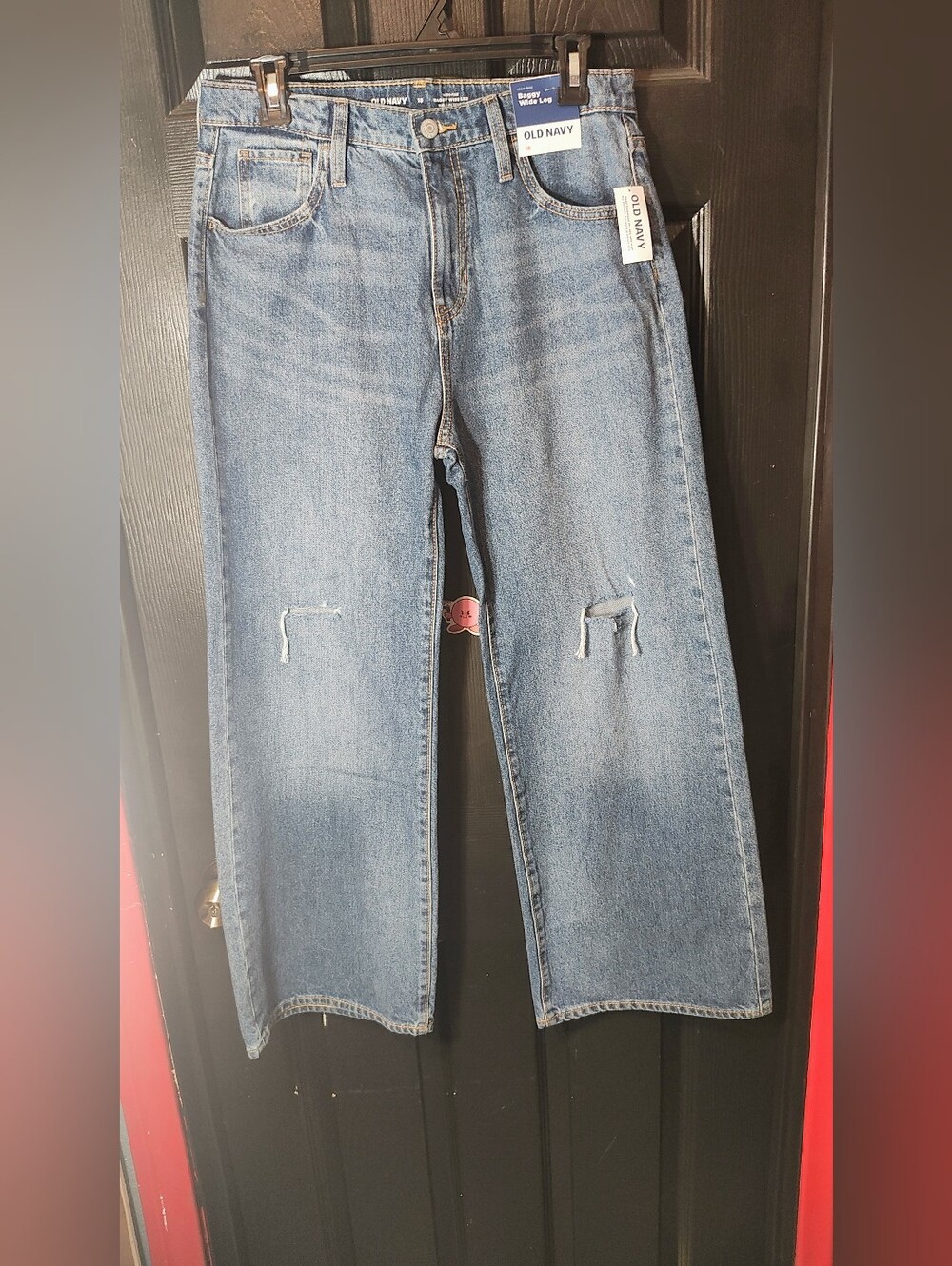 Old Navy Light Blue Women's Wide-Leg Flare Jeans with Knee Distress